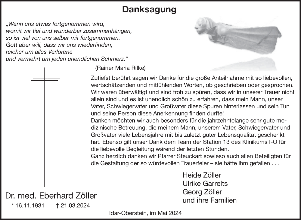  Traueranzeige für Eberhard Zöller vom 25.05.2024 aus WochenSpiegel