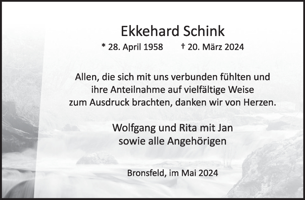  Traueranzeige für Ekkehard Schink vom 29.05.2024 aus WochenSpiegel