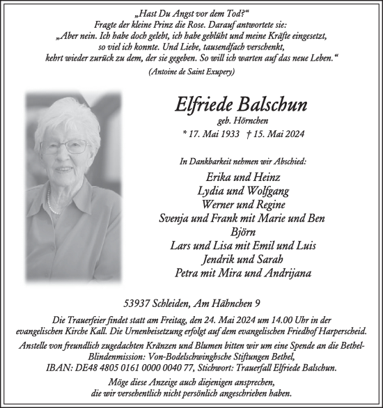 Traueranzeige von Elfriede Balschun von WochenSpiegel