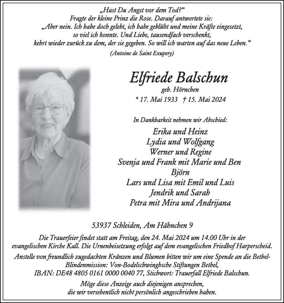  Traueranzeige für Elfriede Balschun vom 22.05.2024 aus WochenSpiegel