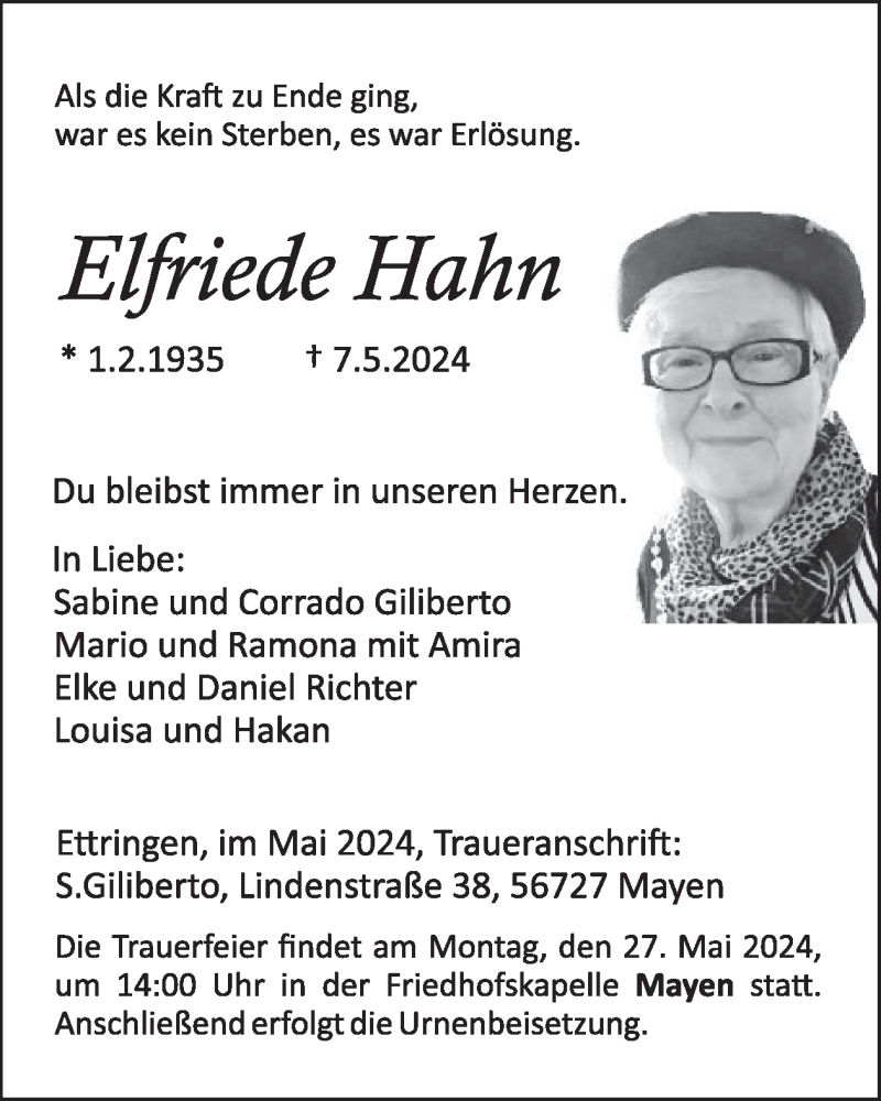  Traueranzeige für Elfriede Hahn vom 14.05.2024 aus WochenSpiegel Trauer