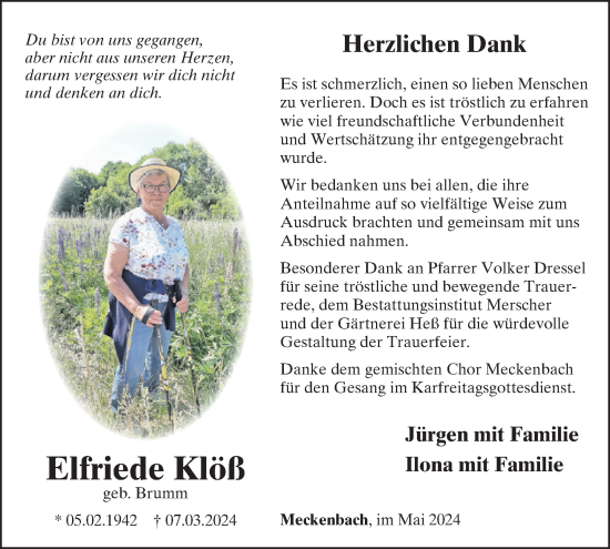 Traueranzeige von Elfriede Klöß von WochenSpiegel