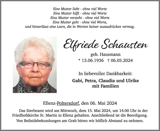 Traueranzeige von Elfriede Schausten von WochenSpiegel Trauer