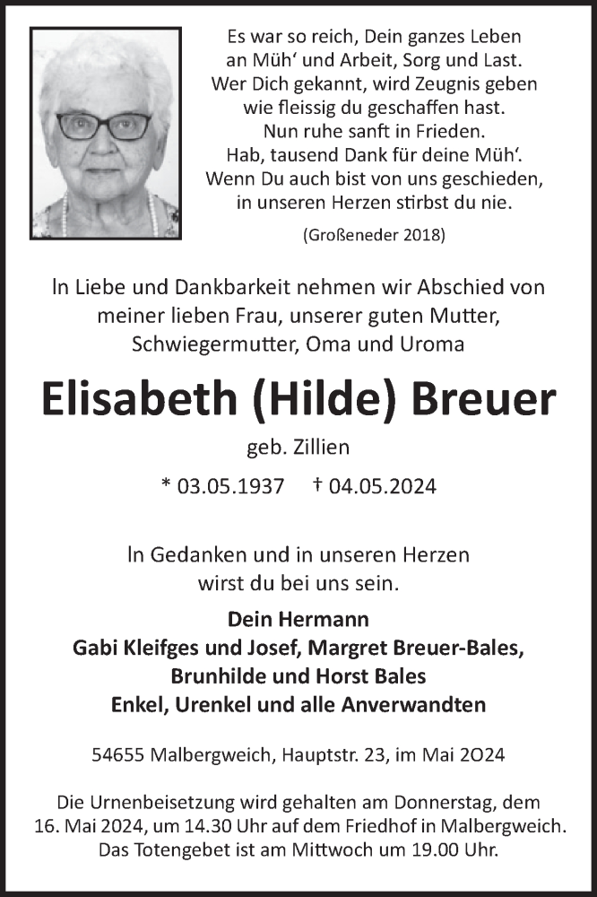  Traueranzeige für Elisabeth Breuer vom 10.05.2024 aus WochenSpiegel