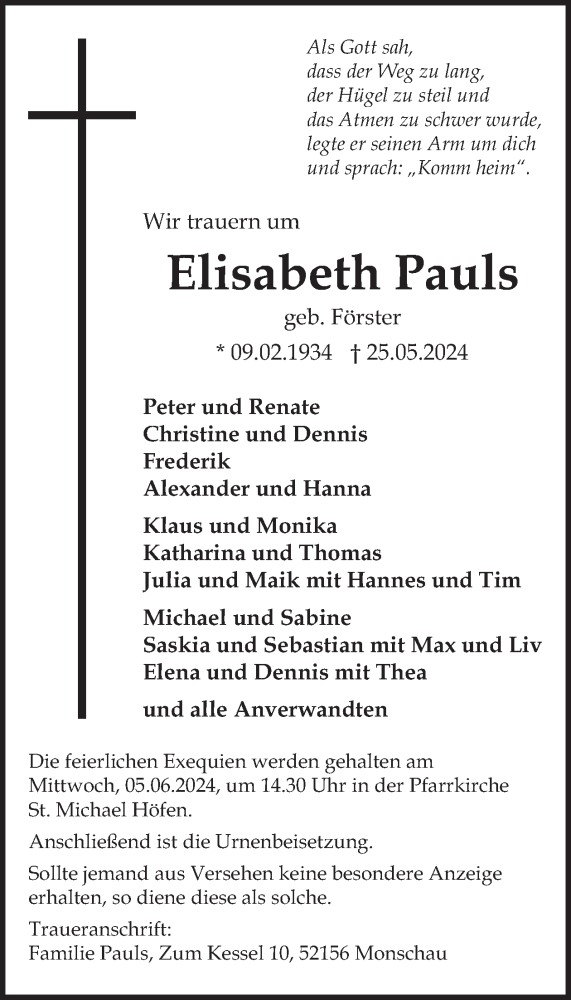  Traueranzeige für Elisabeth Pauls vom 29.05.2024 aus WochenSpiegel