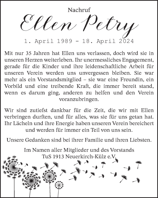 Traueranzeige von Ellen Petry von WochenSpiegel