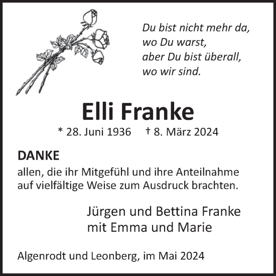 Traueranzeige von Elli Franke von WochenSpiegel