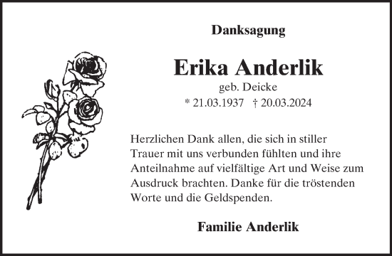 Traueranzeige von Erika Anderlik von WochenSpiegel