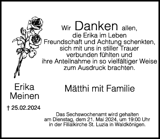 Traueranzeige von Erika Meinen von WochenSpiegel