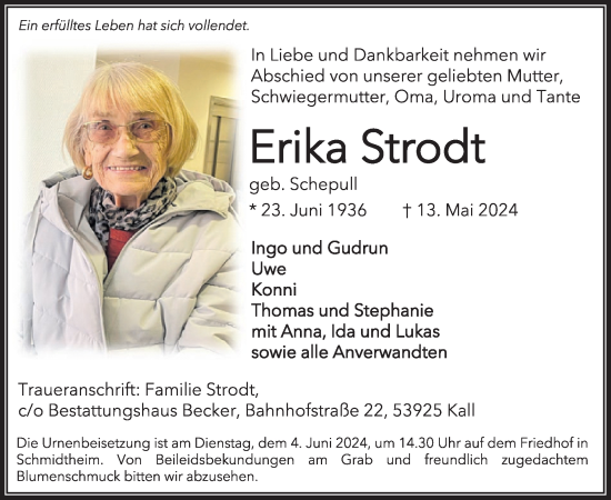 Traueranzeige von Erika Strodt von WochenSpiegel