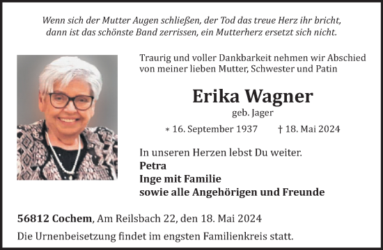 Traueranzeige von Erika Wagner von WochenSpiegel