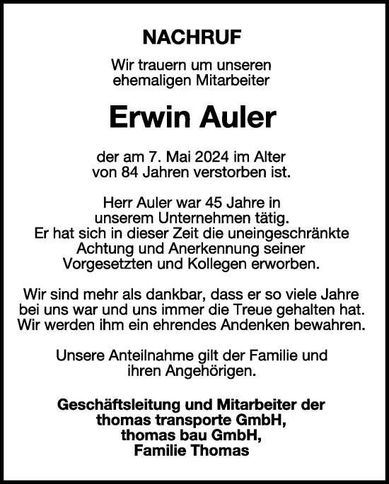 Traueranzeige von Erwin Auler von WochenSpiegel