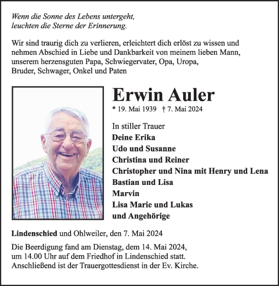 Traueranzeige von Erwin Auler von WochenSpiegel