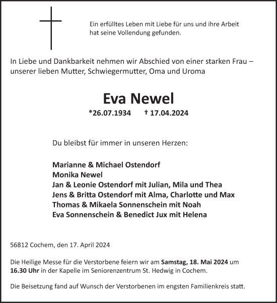 Traueranzeige von Eva Newel von WochenSpiegel