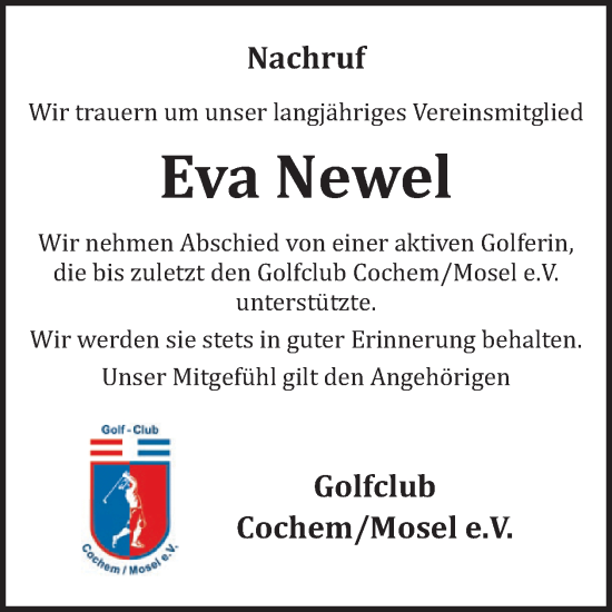 Traueranzeige von Eva Newel von WochenSpiegel