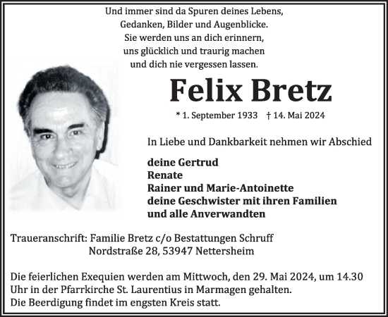 Traueranzeige von Felix Bretz von WochenSpiegel