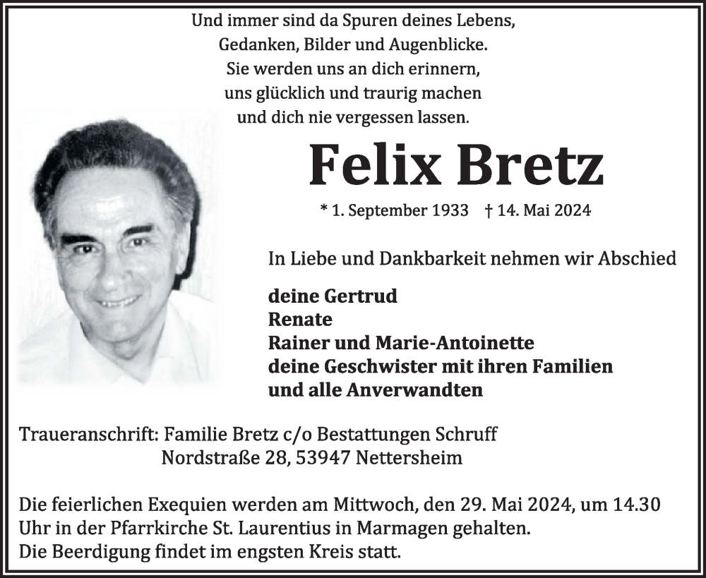  Traueranzeige für Felix Bretz vom 22.05.2024 aus WochenSpiegel