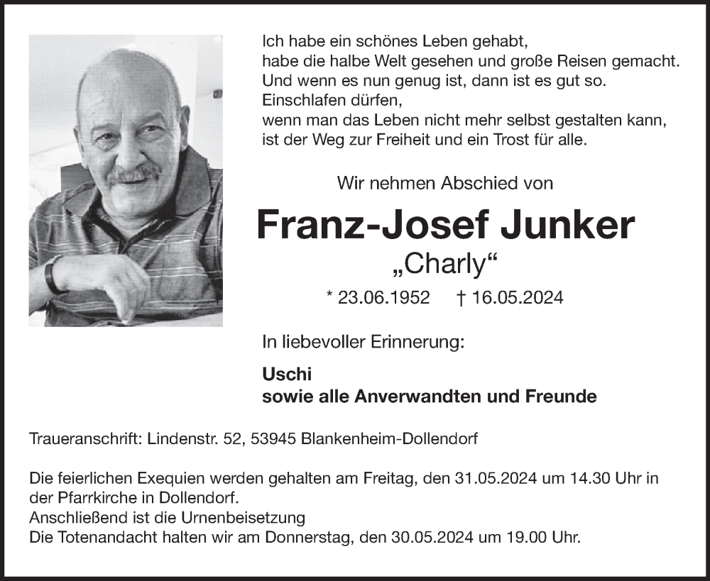  Traueranzeige für Franz-Josef Junker vom 22.05.2024 aus WochenSpiegel