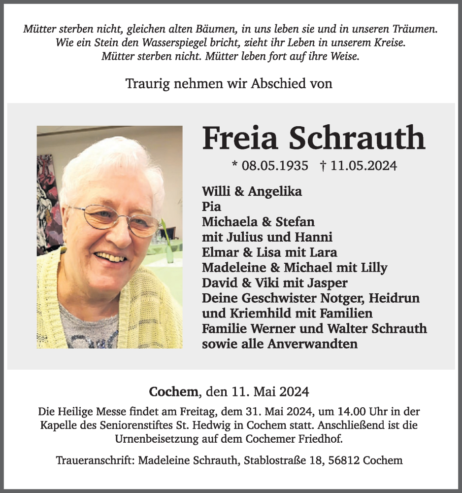  Traueranzeige für Freia Schrauth vom 22.05.2024 aus WochenSpiegel