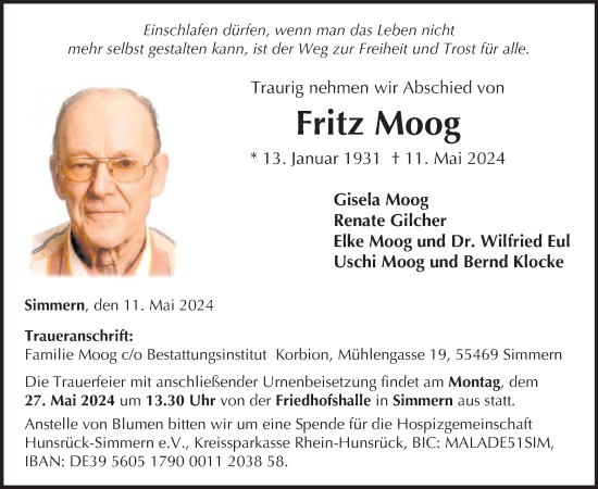 Traueranzeige von Fritz Moog von WochenSpiegel