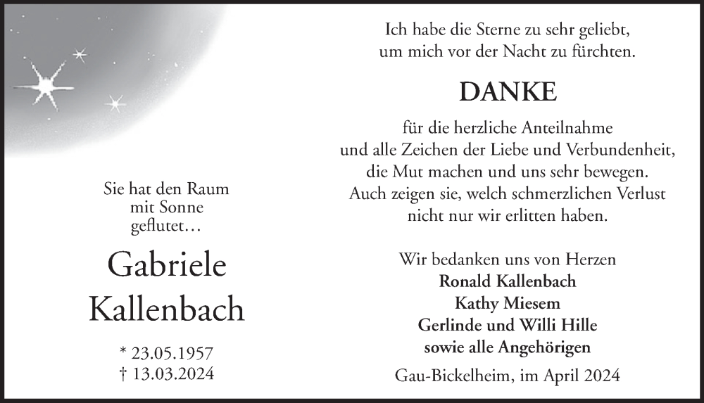  Traueranzeige für Gabriele Kallenbach vom 04.05.2024 aus WochenSpiegel