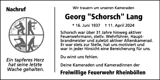 Traueranzeige von Georg Lang von WochenSpiegel