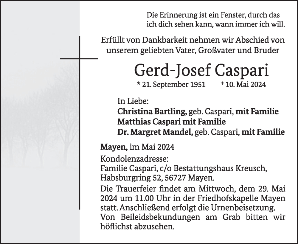  Traueranzeige für Gerd-Josef Caspari vom 22.05.2024 aus WochenSpiegel
