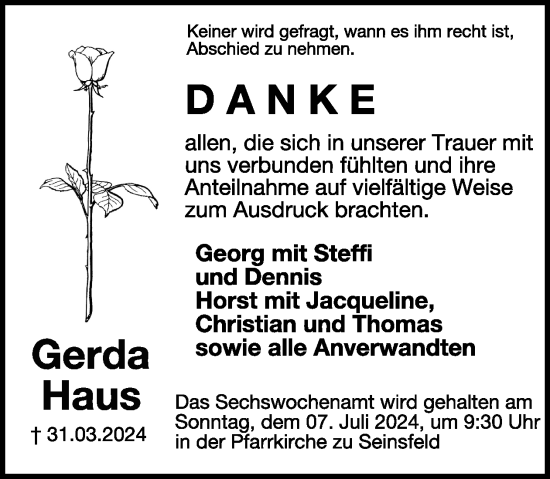 Traueranzeige von Gerda Haus von WochenSpiegel