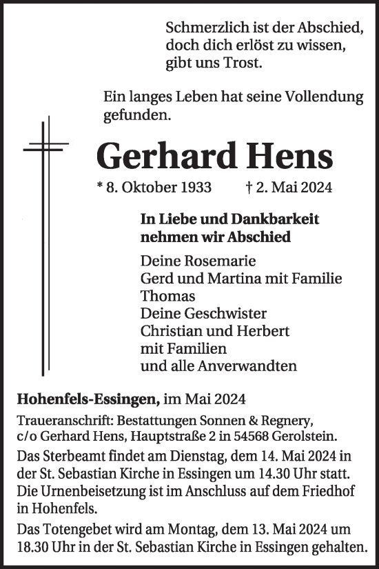 Traueranzeige von Gerhard Hens von WochenSpiegel