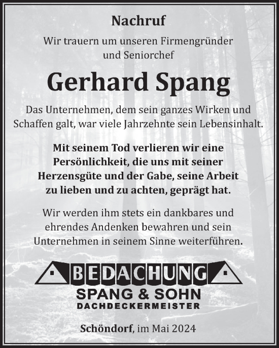 Traueranzeige von Gerhard Spang von WochenSpiegel