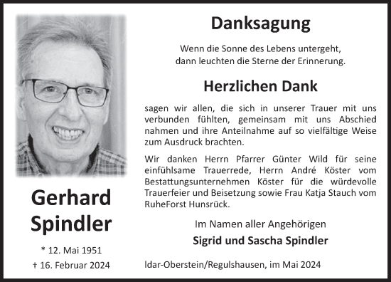 Traueranzeige von Gerhard Spindler von WochenSpiegel