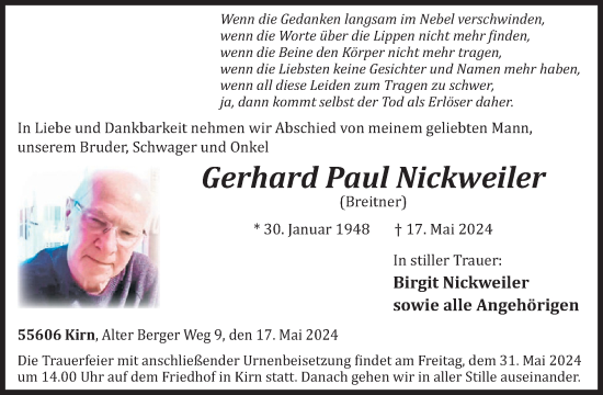 Traueranzeige von Gerhard Paul Nickweiler von WochenSpiegel