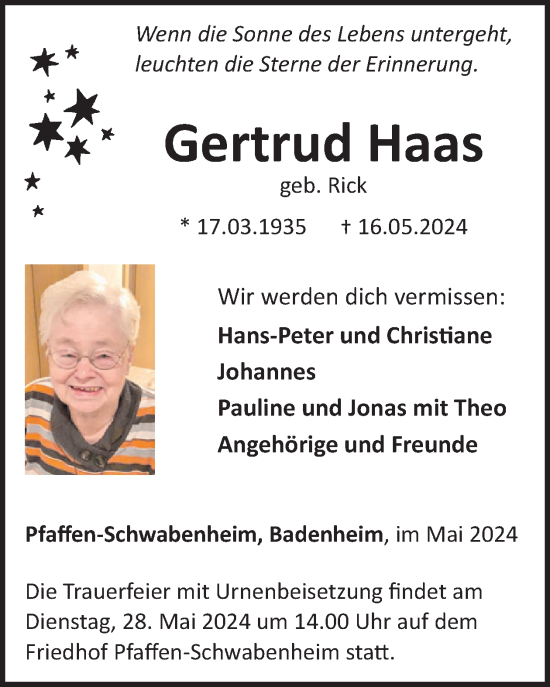 Traueranzeige von Gertrud Haas von WochenSpiegel