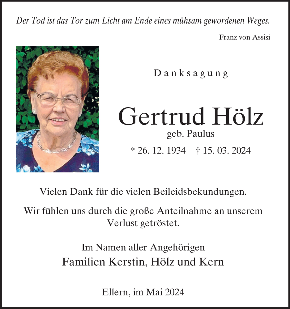 Traueranzeige für Gertrud Hölz vom 04.05.2024 aus WochenSpiegel