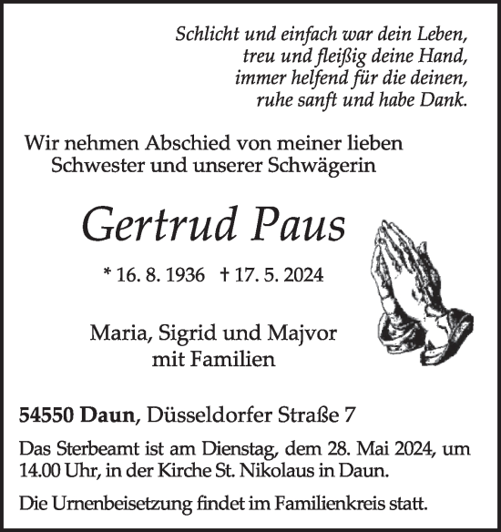 Traueranzeige von Gertrud Paus von WochenSpiegel