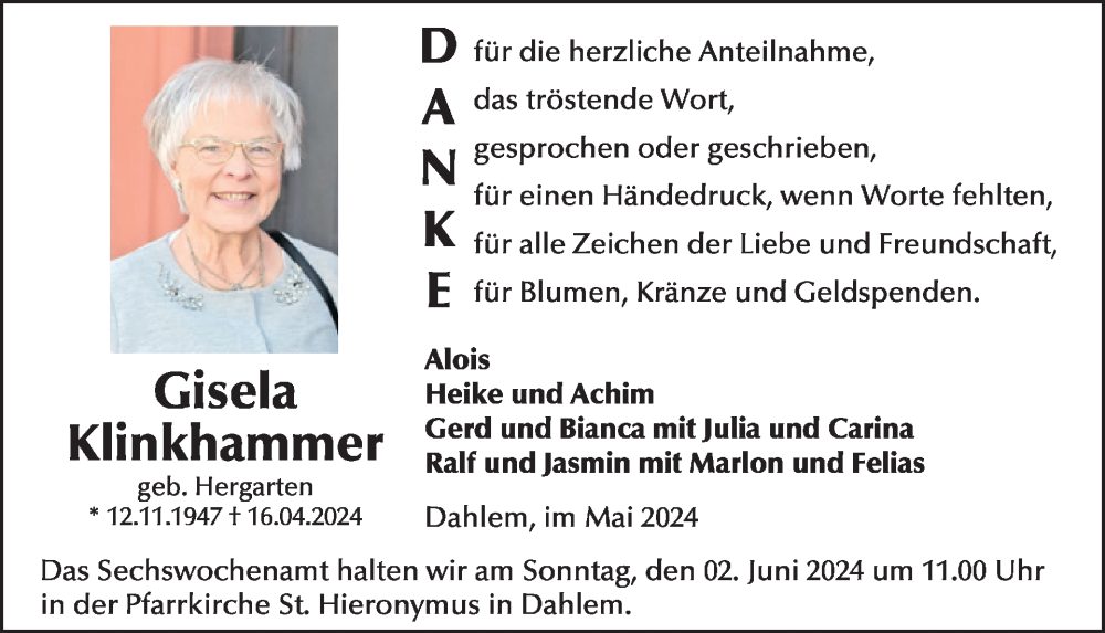  Traueranzeige für Gisela Klinghammer vom 22.05.2024 aus WochenSpiegel