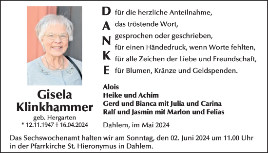Traueranzeige von Gisela Klinghammer von WochenSpiegel