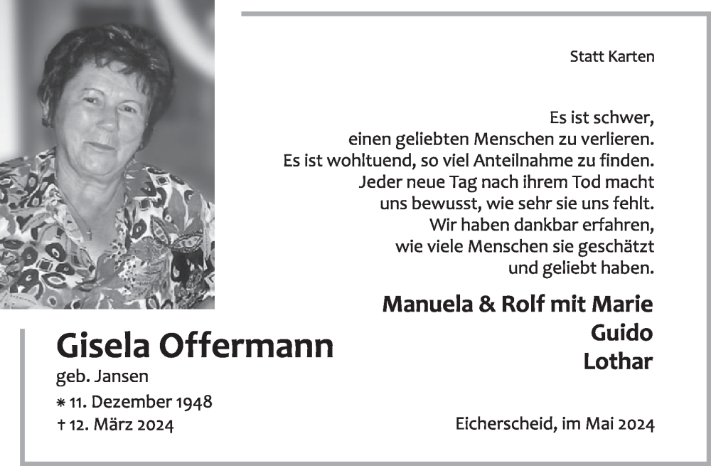  Traueranzeige für Gisela Offermann vom 15.05.2024 aus WochenSpiegel
