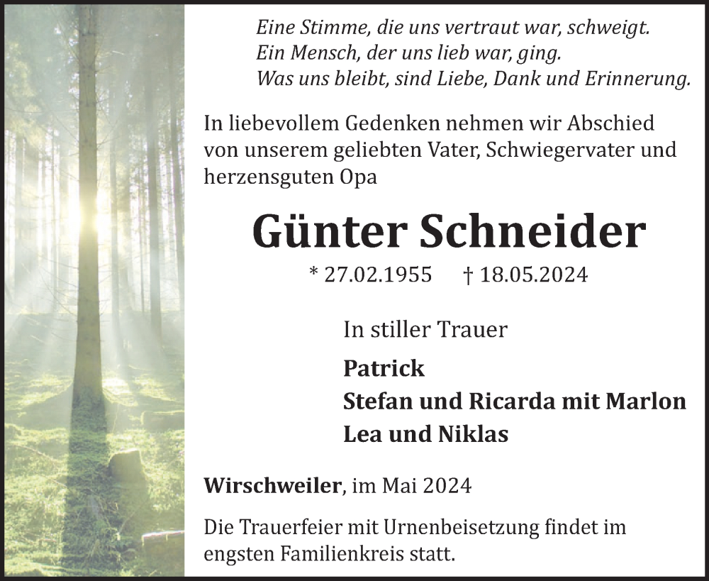  Traueranzeige für Günter Schneider vom 25.05.2024 aus WochenSpiegel