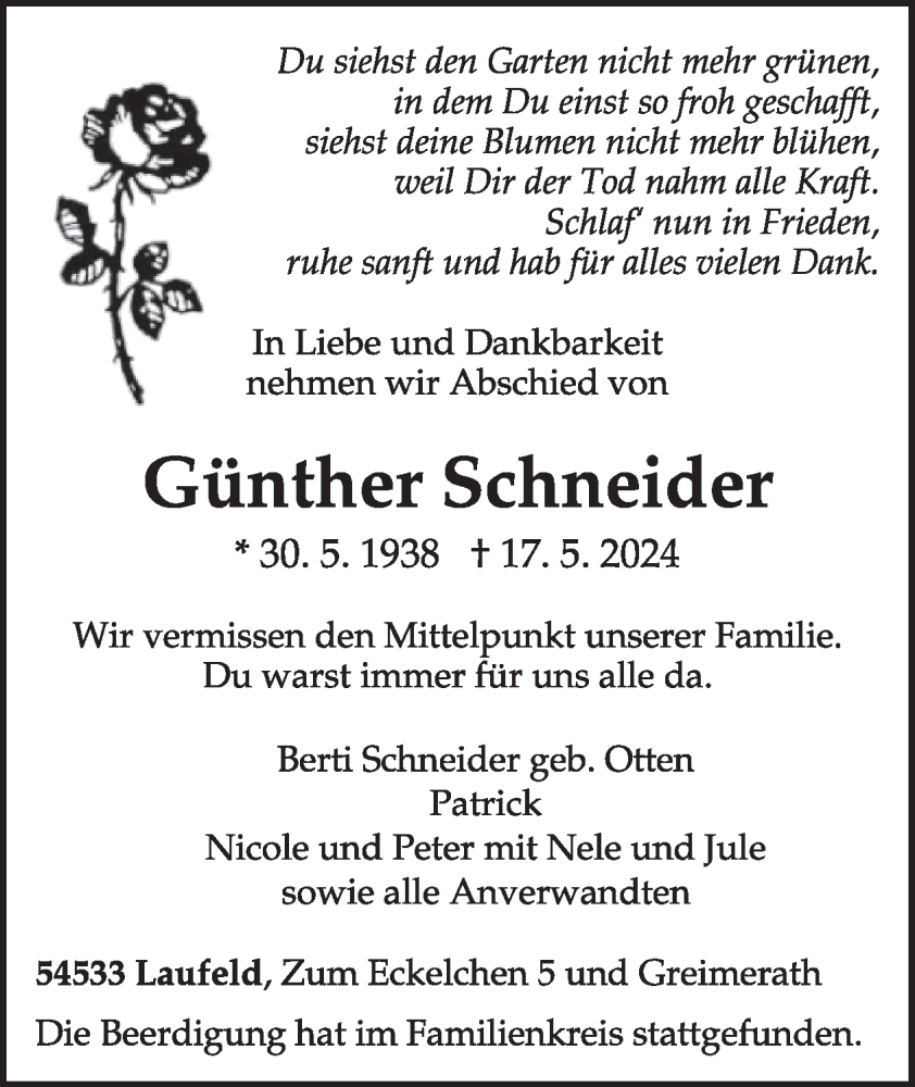  Traueranzeige für Günther Schneider vom 31.05.2024 aus WochenSpiegel