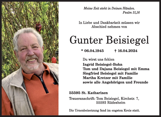 Traueranzeige von Gunter Beisiegel von WochenSpiegel