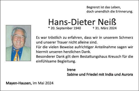 Traueranzeige von Hans-Dieter Neiß von WochenSpiegel