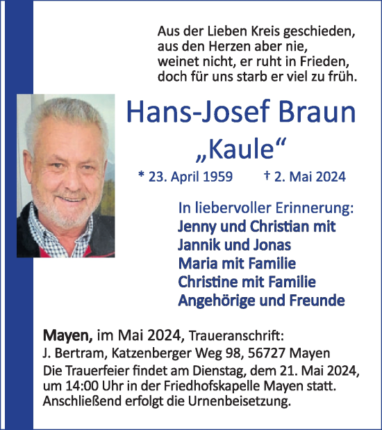 Traueranzeige von Hans-Josef Braun von WochenSpiegel