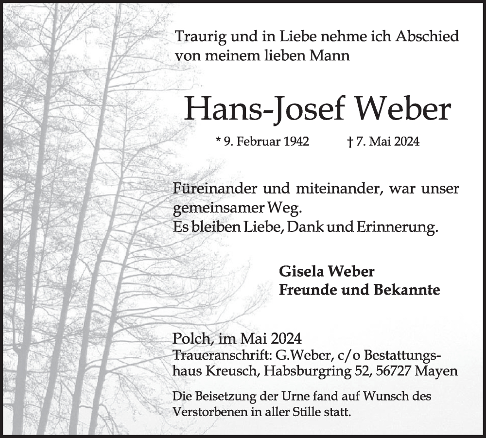  Traueranzeige für Hans-Josef Weber vom 22.05.2024 aus WochenSpiegel