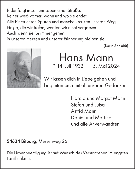 Traueranzeige von Hans Mann von WochenSpiegel