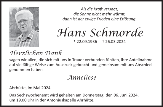 Traueranzeige von Hans Schmorde von WochenSpiegel