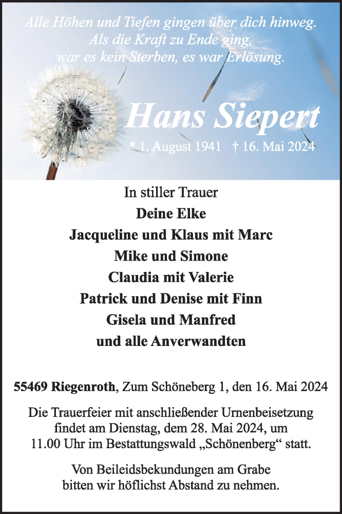  Traueranzeige für Hans Siepert vom 25.05.2024 aus WochenSpiegel
