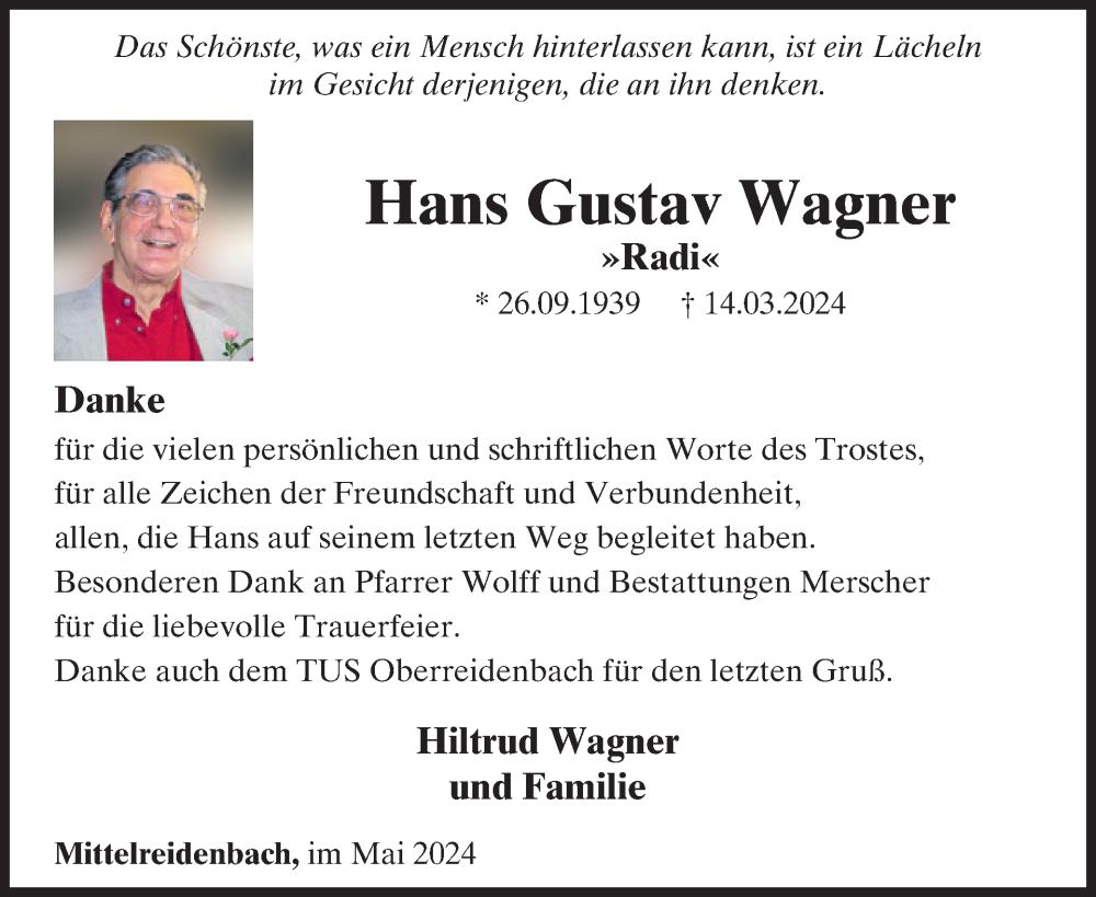  Traueranzeige für Hans Gustav Wagner vom 11.05.2024 aus WochenSpiegel