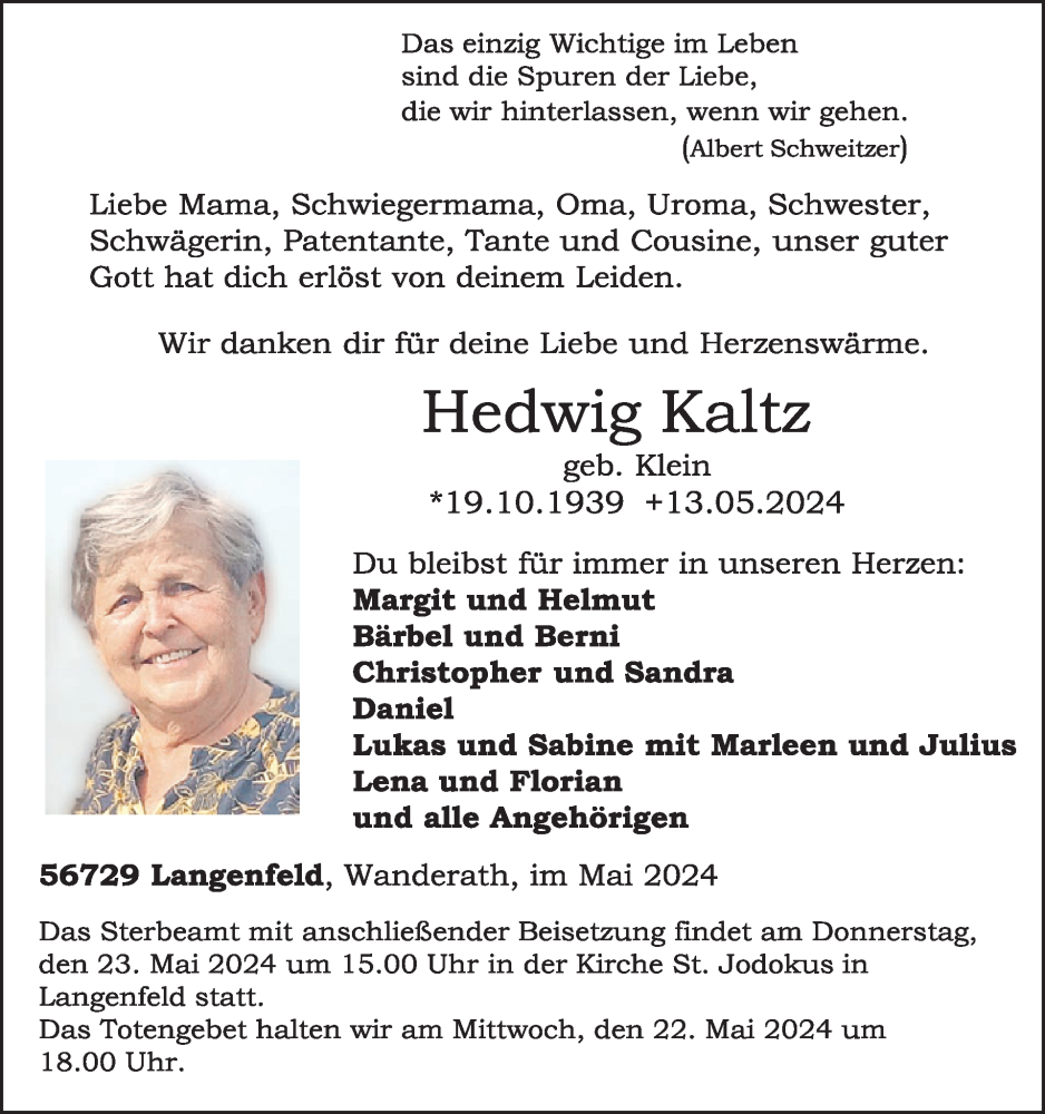  Traueranzeige für Hedwig Kaltz vom 22.05.2024 aus WochenSpiegel