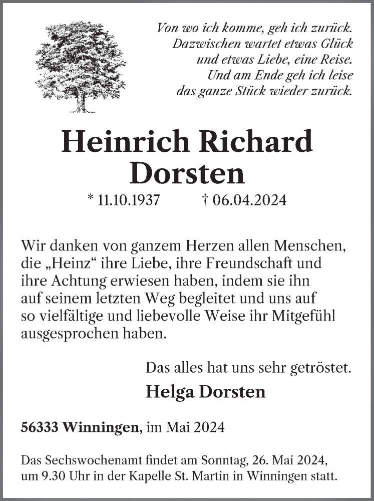  Traueranzeige für Heinrich Richard Dorsten vom 15.05.2024 aus WochenSpiegel